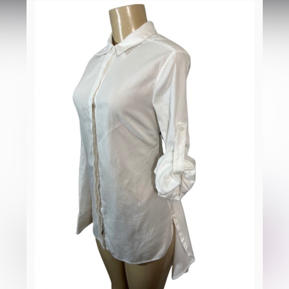 BCBGMaxAzria White high low Button up Top Blouse adjustable long sleeves - Picture 5 of 11